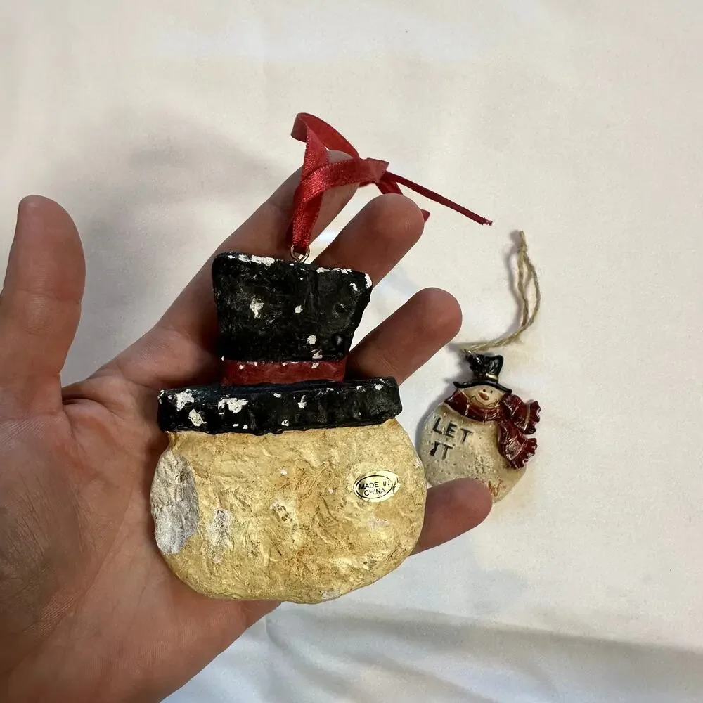 Primitive Farmhouse Christmas Bundle Of 2 Snowman Tree Ornaments